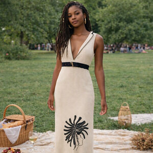 Afrocentric 'Born Natty' Dreadlocs Bodycon Boho Sleeveless Dress Sz Medium Cream